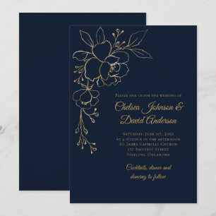 Golden Sketched Rose auf Dark Blue Wedding Einladung