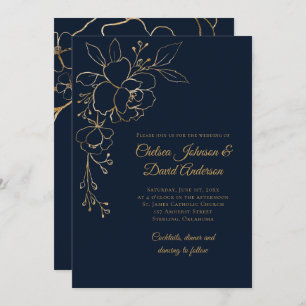 Golden Sketched Rose auf Dunkelblauen Hochzeiten Einladung