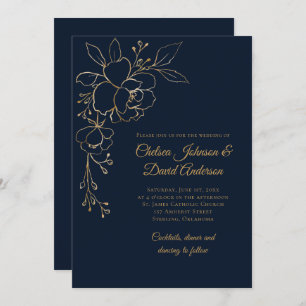 Golden Sketched Rose auf Dunkelblauen Hochzeiten Einladung