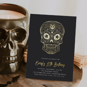 Golden Skull Dia de los Muertos Geburtstagsparty Folieneinladung