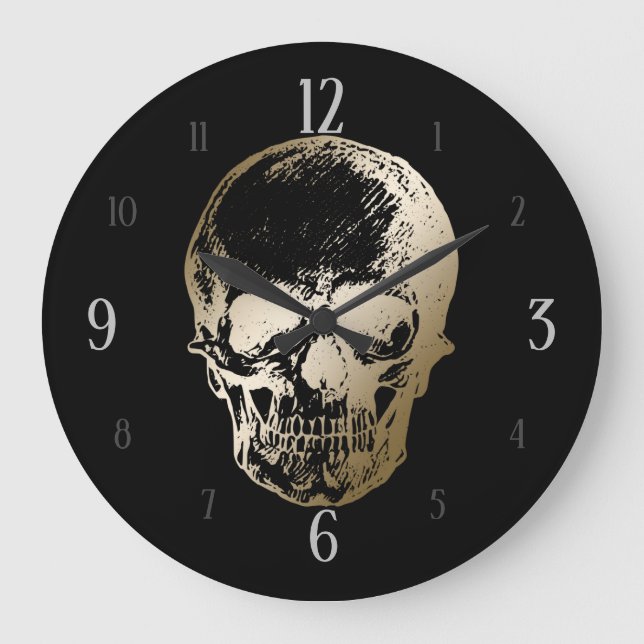 Golden Skull Metallic Design auf schwarz Große Wanduhr (Vorderseite)