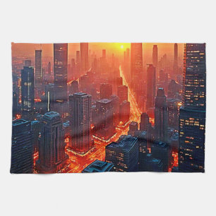 Golden Skyline: Strahlendes Stadtuntergangskunst Geschirrtuch