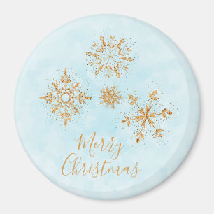 Golden Snowflake Crystals on Frosty Blue Christmas Magnet