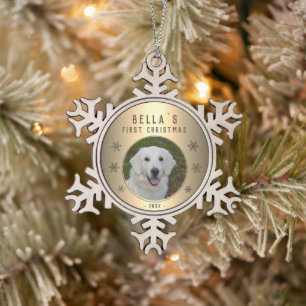 Golden Snowflake Puppy Foto Schneeflocken Zinn-Ornament