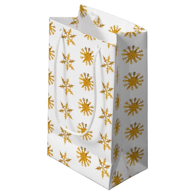 Golden Snowflakes Custom Gift Bag - Klein, glänzen Kleine Geschenktüte (Vorderseite Schrägansicht)