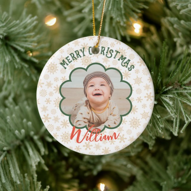 Golden Snowflakes Foto Weihnachtsname Keramik Ornament (Baum)