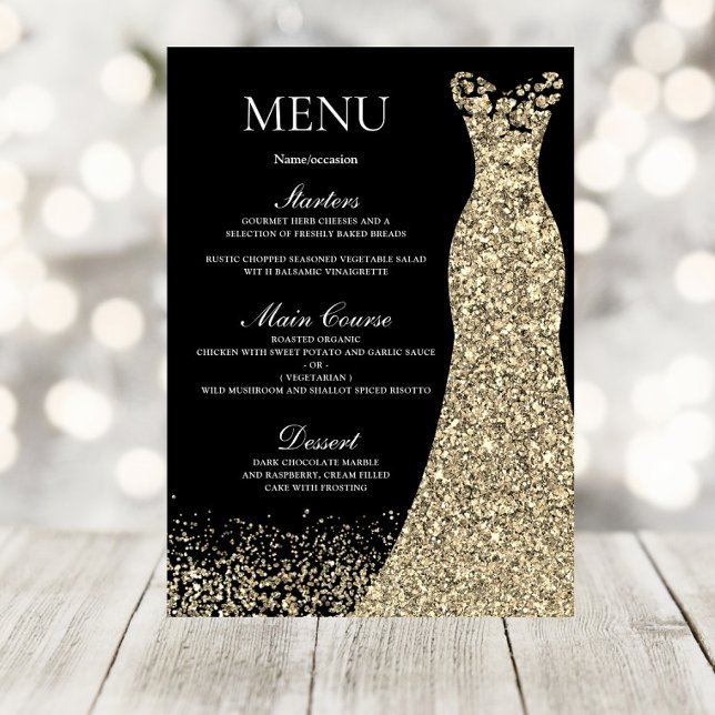 Golden Sparkle Dress Black Birthday Party Bridal Menükarte (Von Creator hochgeladen)
