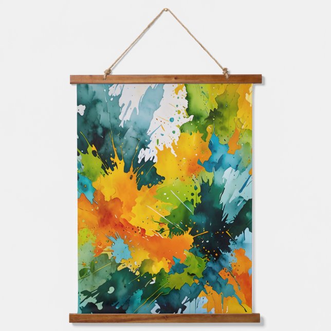 Golden Splash & Emerald Waves Wandteppich Mit Holzrahmen (Vorderseite)