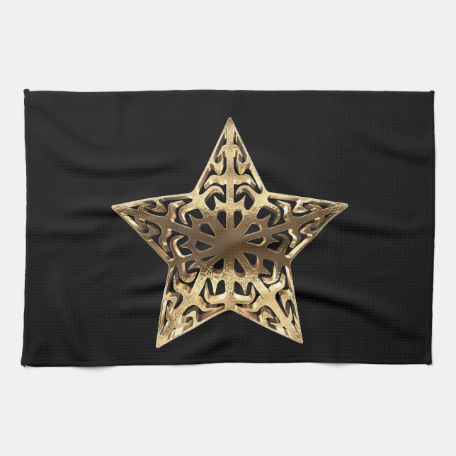 Golden Star Black and Gold Elegante Metallic Geschirrtuch (Horizontal)