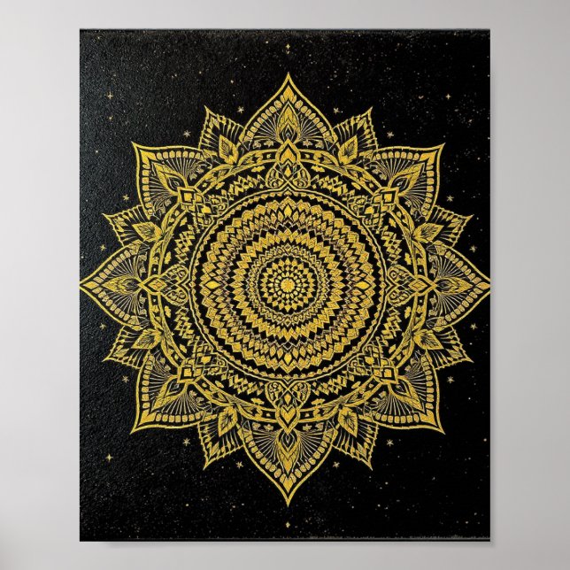 Golden Starburst Mandala on Black Poster (Vorne)