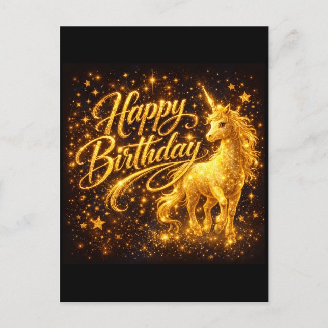 Golden Stardust Birthday — Fantasy Unicorn  Einladungspostkarte (Vorderseite)