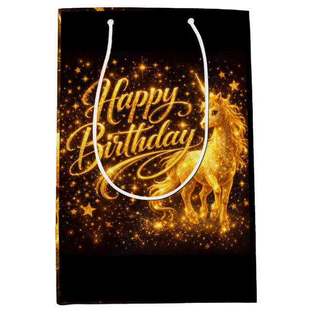 Golden Stardust Birthday — Fantasy Unicorn Mittlere Geschenktüte (Vorderseite)