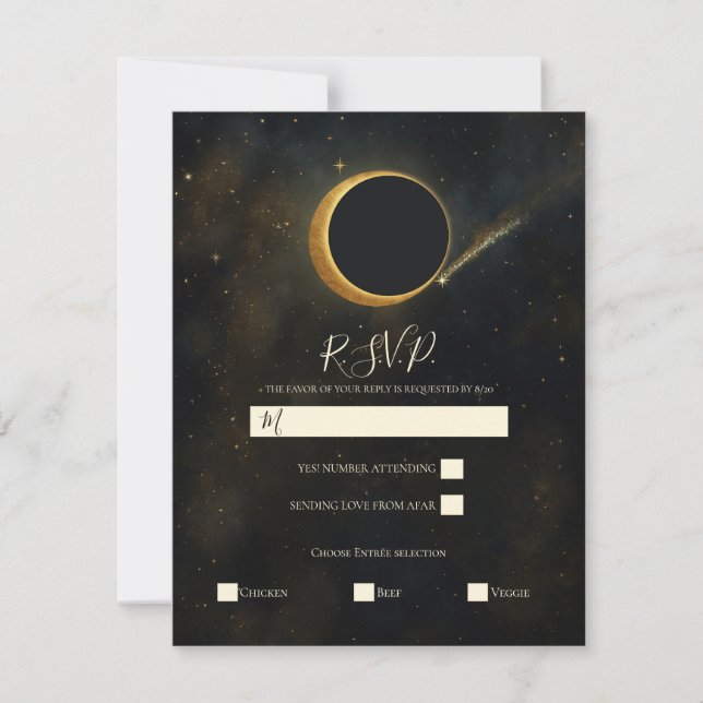Golden Stardust Eclipse Celestial Wedding RSVP Einladung (Vorderseite)