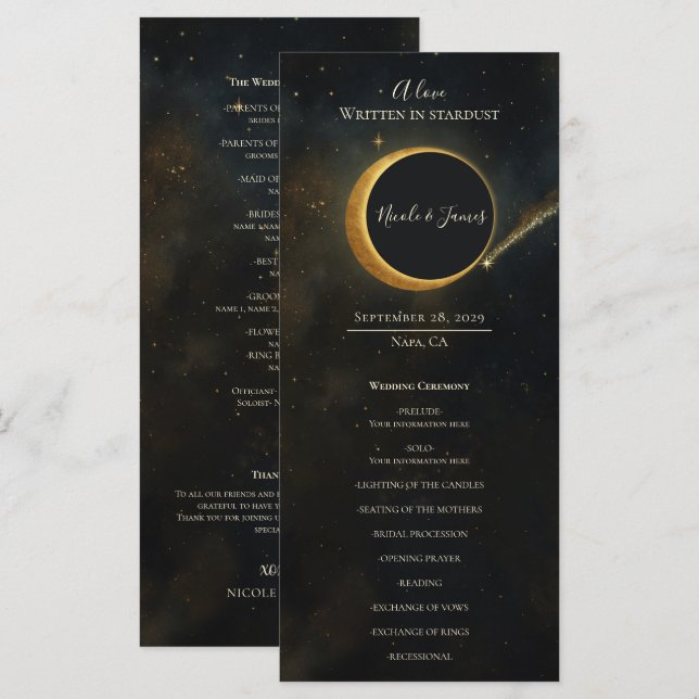 Golden Stardust Eclipse Hochzeitsprogramm Menükarte (Vorne/Hinten)
