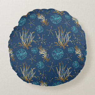 Golden Starfish & Coral Reef Muster auf Blue Rundes Kissen