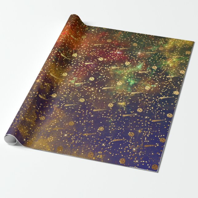 Golden Stars Confetti Celestial Firmament Comets Geschenkpapier (Ungerollt)