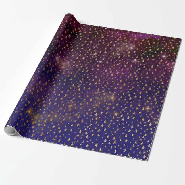 Golden Stars Confetti Celestial Firmament Lila Geschenkpapier (Ungerollt)
