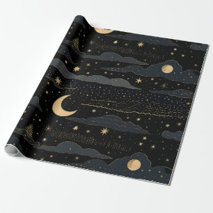 Golden Stars & Moon Night Sky Wrapping Paper Geschenkpapier