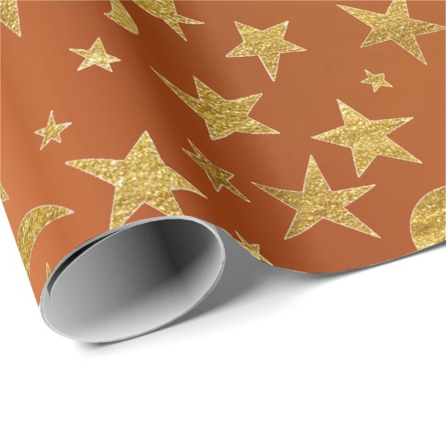 Golden Stars Moon Sky Metallic Coral Orange Geschenkpapier (Rolleneckpunkt)