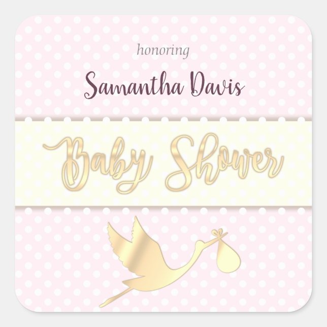 Golden Stork Baby Girl Babydusche Quadratischer Aufkleber (Vorderseite)