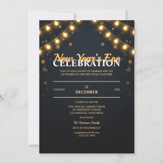 Golden String Lights New Year Party Invitation Einladung