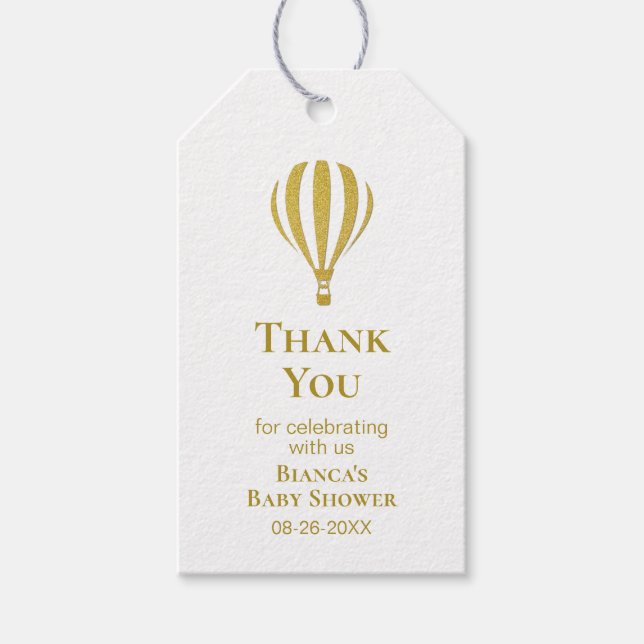 Golden Striped Balloon Baby Dusche Vielen Dank Geschenkanhänger (Vorderseite)