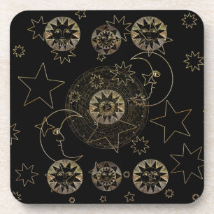 Golden Sun Moon Stars Celestial Astronomie Kunst Getränkeuntersetzer