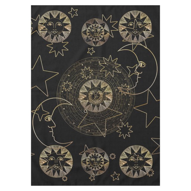 Golden Sun Moon Stars Celestial Astronomie Kunst Tischdecke (Vorderseite)
