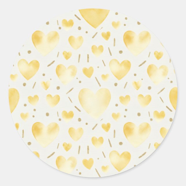 Golden Sunbeam Watercolor & Glitter Heart Pattern Runder Aufkleber (Vorderseite)