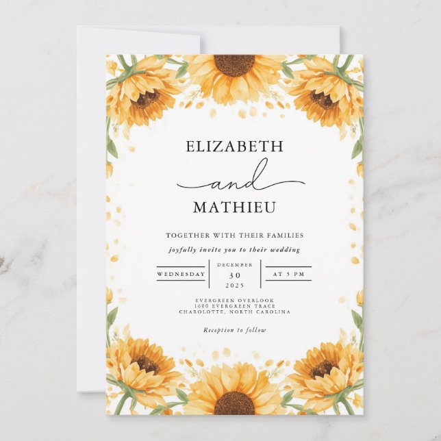 Golden Sunflower Border Wedding Einladung (Vorderseite)