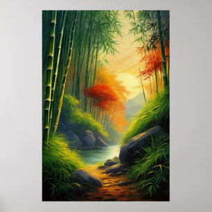 Golden Sunset Bathed and Breakfast Bamboo Forest Poster