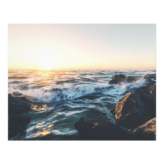 Golden Sunset Ocean Waves on Rocks Serene Seascape Fotodruck (Vorne)