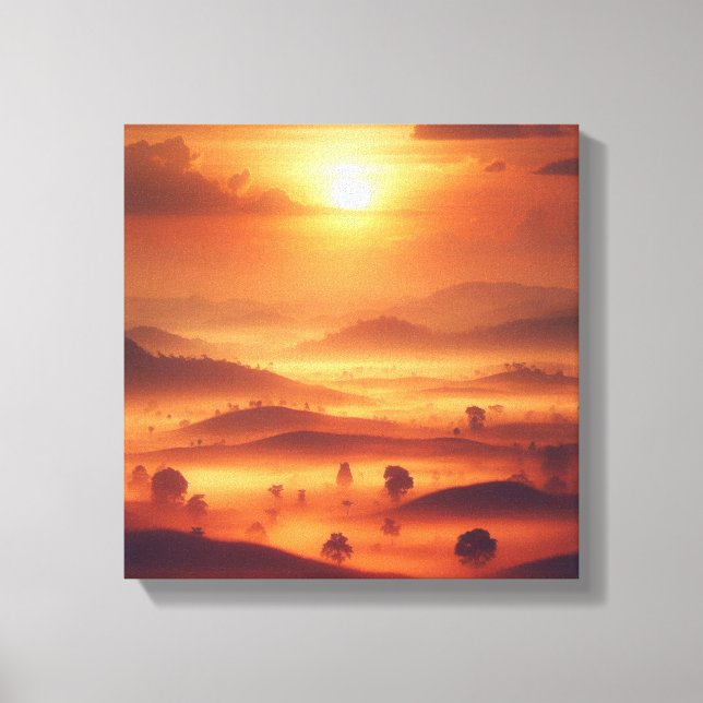 Golden Sunset Over Misty Hills Vintage Canvas Leinwanddruck (Vorderseite)