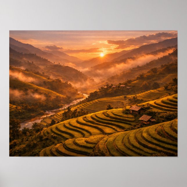 Golden Sunset Rice Terraces Poster (Vorne)