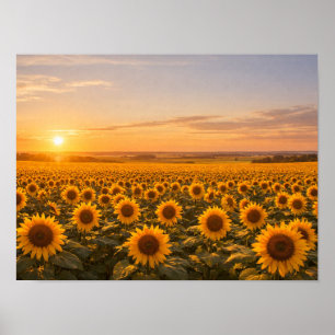 Golden Sunset Sunflower Field Poster