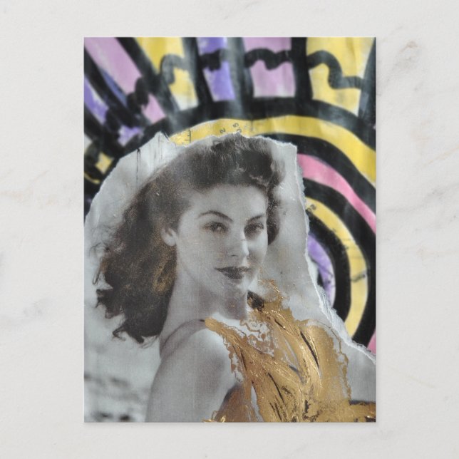 Golden Swimsuit Woman in 1939 beach collage art Postkarte (Vorderseite)