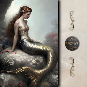 Golden Tail Mermaid Fantasy Decoupage Seidenpapier
