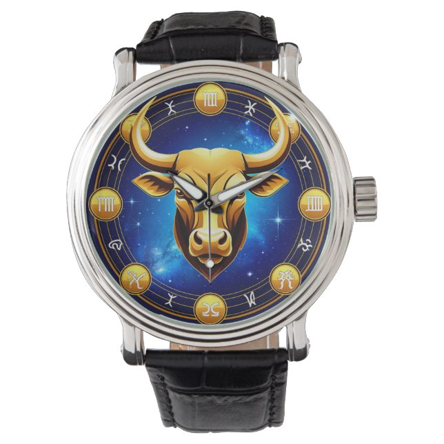 Golden Taurus Bull In Cosmic Zodiac Circle Armbanduhr (Vorderseite)