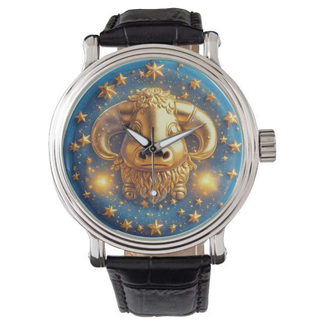 Golden Taurus Symbol On Blue Circle Armbanduhr (Vorderseite)