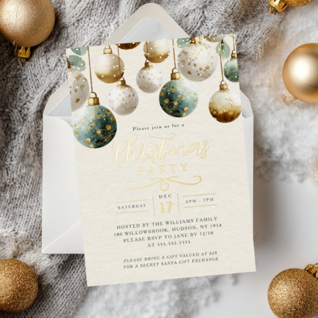 Golden Teal Green Baubles Christmas Party  Folieneinladung (Von Creator hochgeladen)