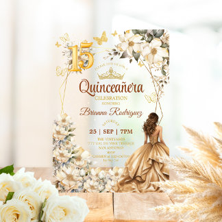 Golden Tiara Floral Beige Quinceañera  Acryleinladungen