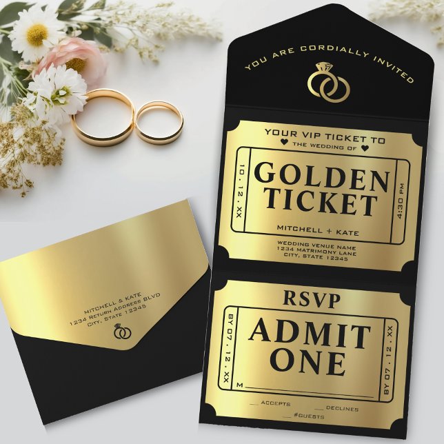 Golden Ticket Black & Gold Wedding All In One Einladung (Golden Ticket Black & Gold Wedding All In One Invitation
)
