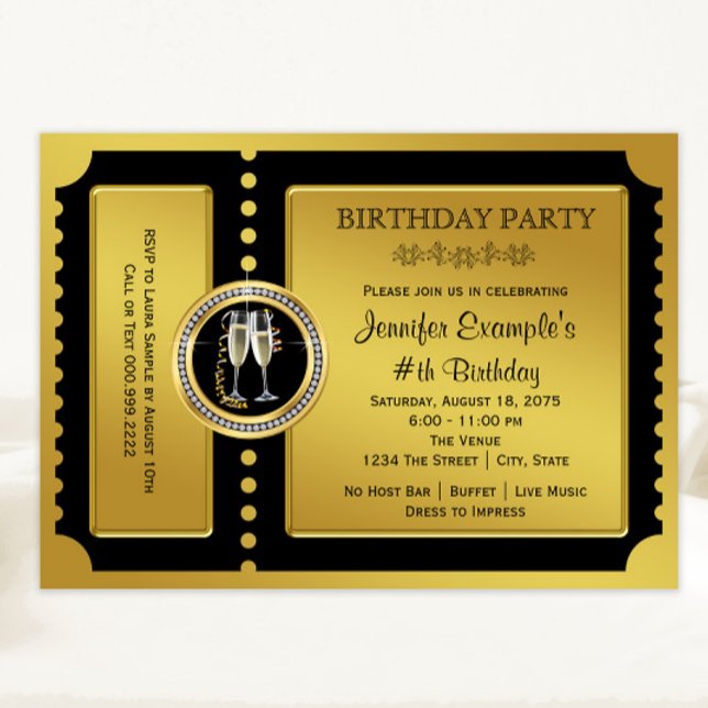 Golden Ticket Champagne Geburtstagsparty Einladung (All text can be changed. Any occasion elegant black and gold ticket style invitation.)