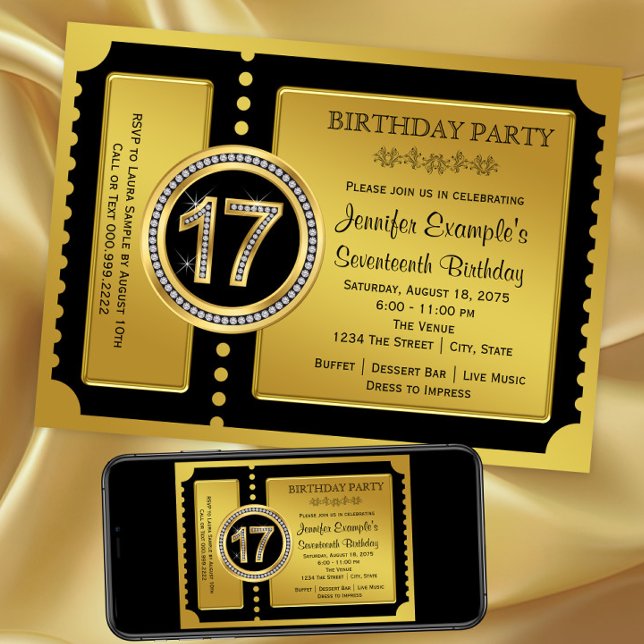 Golden Ticket Einladung zur 17. Geburtstagsparty (17th birthday party invitation. Available in digital download and printed invitations.)