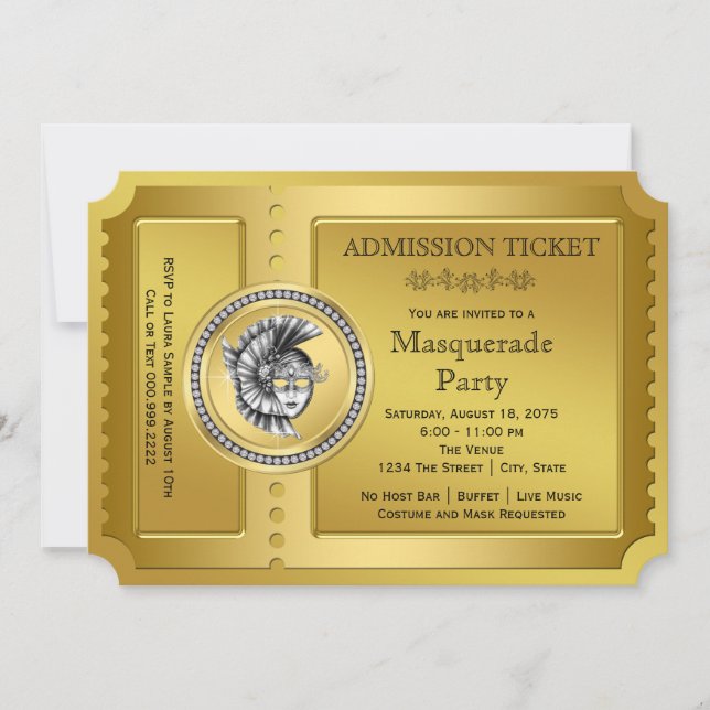 Golden Ticket Gold Masquera Party Einladung (Vorderseite)