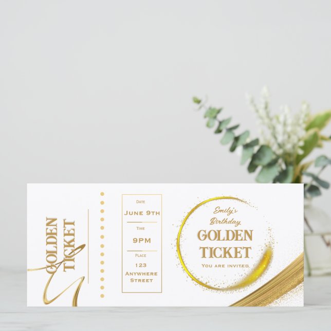 Golden Ticket White and Gold Einladungskarte (Stehend Vorderseite)