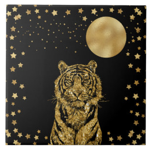 Golden Tiger Stars und Mond auf schwarz Fliese