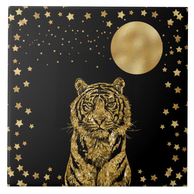 Golden Tiger Stars und Mond auf schwarz Fliese (Vorderseite)