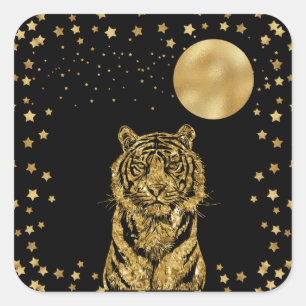 Golden Tiger Stars und Mond auf schwarz Quadratischer Aufkleber