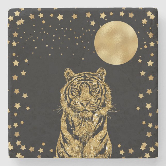 Golden Tiger Stars und Mond auf schwarz Steinuntersetzer (Vorderseite)